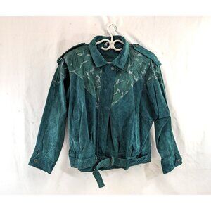 Paris Sport Club Womens Suede Turquoise Bomber Jacket Vtg Size Large Leaf Motif